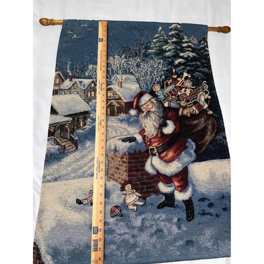 Vintage Christmas Santa Claus Woven Tapestry Wall Hanging with Rod 26x36